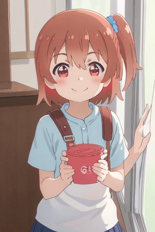 best quality, masterpiece, highres, solo, {hinata_hoshino_watashinitenshigamaiorita:1.15}, brown_hair, blush, bangs, red_eyes, short_hair, closed_mouth, smile, female_, one_side_up, hair_between_eyes, indoors
