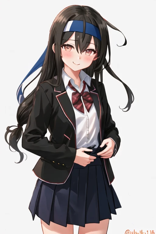 best quality, masterpiece, highres, solo, {hatsushimo_kantaicollection:1.15}, black_hair, long_hair, headband, red_eyes, blush, blazer, blue_headband, hair_between_eyes, low-tied_long_hair, brown_eyes, 1girl, black_jacket, black_skirt, jacket, looking_at_viewer, open_mouth, pleated_skirt, school_uniform, skirt, collared_shirt, shirt, simple_background, white_background, white_shirt, cowboy_shot, one-hour_drawing_challenge, smile, twitter_username