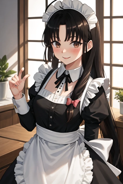 best quality, masterpiece, highres, solo, {maid:1.40}, {long maid dress:1.15}, {shouhou_kantaicollection:1.15}, long_hair, black_hair, brown_eyes, ahoge, smile, blush, breasts