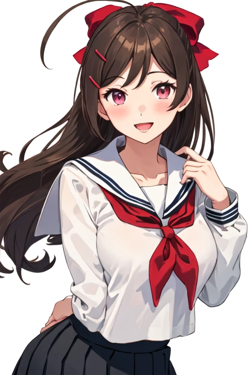 best quality, masterpiece, highres, solo, {mamiya_kantaicollection:1.15}, brown_hair, long_hair, ribbon, hair_ornament, hairclip, hair_ribbon, ahoge, breasts, large_breasts, smile, blush, red_eyes, purple_eyes, 1girl, neckerchief, sailor_collar, school_uniform, serafuku, alternate_costume, looking_at_viewer, red_neckerchief, shirt, simple_background, white_background, open_mouth, long_sleeves, black_sailor_collar, black_skirt, pleated_skirt, skirt, upper_body, blue_sailor_collar
