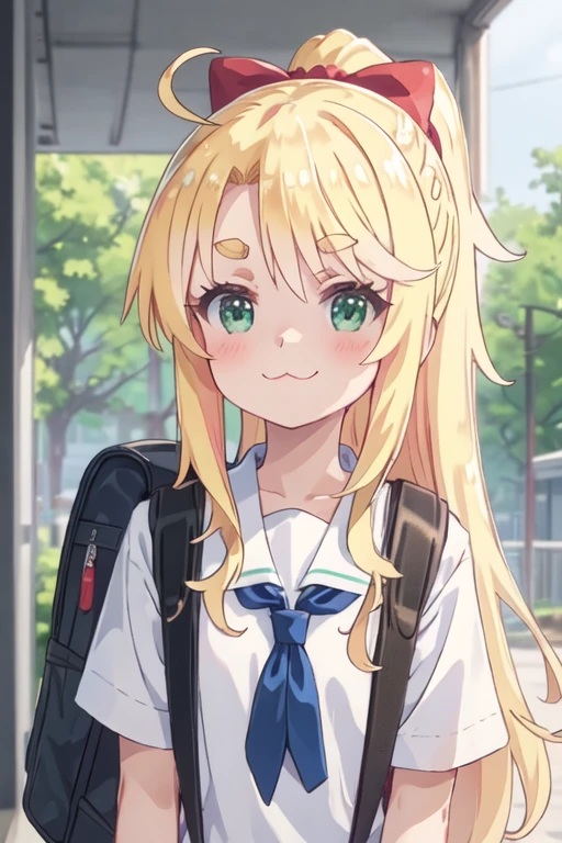 best quality, masterpiece, highres, solo, {noa_himesaka_watashinitenshigamaiorita:1.15}, blonde_hair, blush, long_hair, bangs, :3, bow, green_eyes, closed_mouth, hair_bow, red_bow, smile, ahoge, thick_eyebrows, ponytail, 2girls, backpack, bag, child, female_child, multiple_girls, school_uniform, sailor_collar, shirt, solo_focus, white_sailor_collar, randoseru, upper_body, black_hair, looking_at_another
