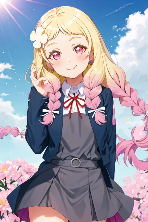 best quality, masterpiece, highres, solo, {onitsuka_natsumi_lovelivesuperstar:1.15}, blonde_hair, multicolored_hair, gradient_hair, pink_hair, braid, long_hair, twin_braids, pink_eyes, hair_ornament, smile, flower, hair_flower, blush, bangs, red_eyes, 1girl, looking_at_viewer, school_uniform, yuigaoka_school_uniform, birthday, jacket, upper_body, ribbon, dress, happy_birthday