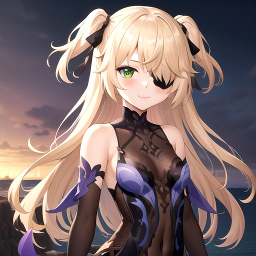 ((masterpiece)),(best quality),official art,extremely detailed CG,unity 8k wallpaper,ultra detailed,A lighthouse on a cliff by the sea,1girl,solo,upper body,(portrait:1.2),looking at viewer,eyepatch,green_eyes,smile,blonde_hair,long_hair,two_side_up,garter_straps,black_footwear,boots,bare_shoulders,purple_bow,bodystocking,single_thighhigh,single_leg_pantyhose,hair_over_one_eye,small_breasts,asymmetrical_legwear,hair_ribbon,bridal_gauntlets,fishnets,detached_sleeves,single_glove,black_thighhighs,bangs,purple_dress,<lora:Fischl(gen)>,