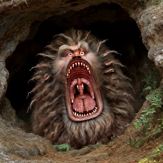 fizzgig, (black haired fizzgig), under a rock formation, hairy, foliage, screaming, sharp teeth <lora:Fizzgig_Dark_Crystal-000011:1>