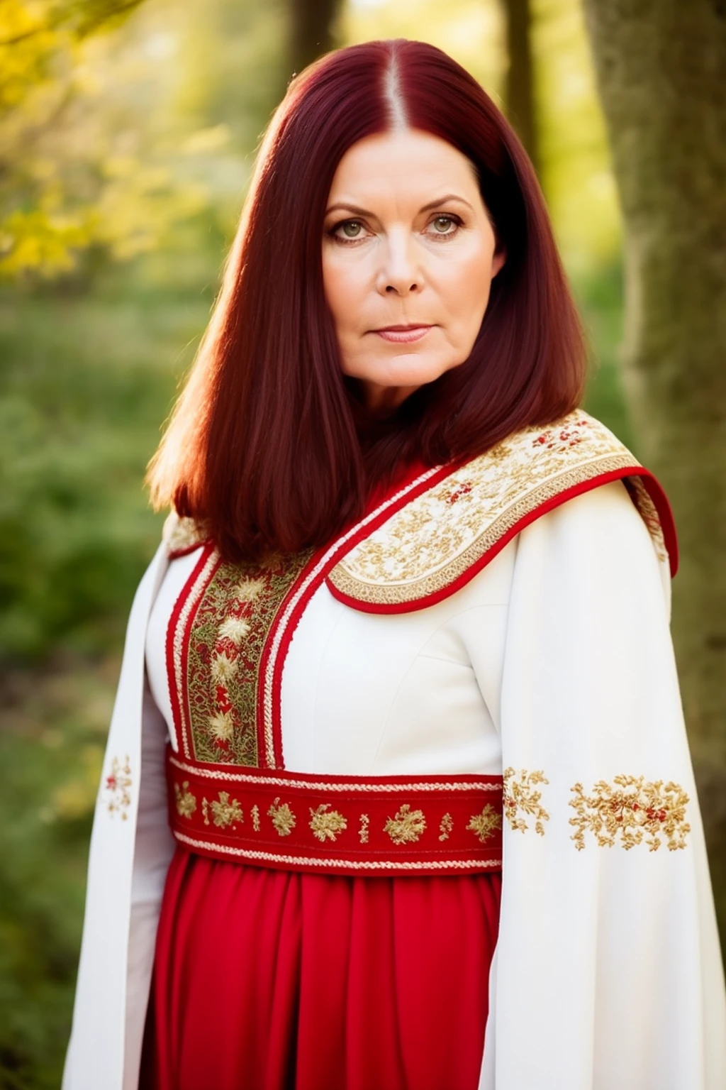a RAW photo, portrait of magdalene in white and red traditional slavic folklore outfit, brown hair, birches, intricate details, masterpiece, 8k <lora:Magdalene:1>