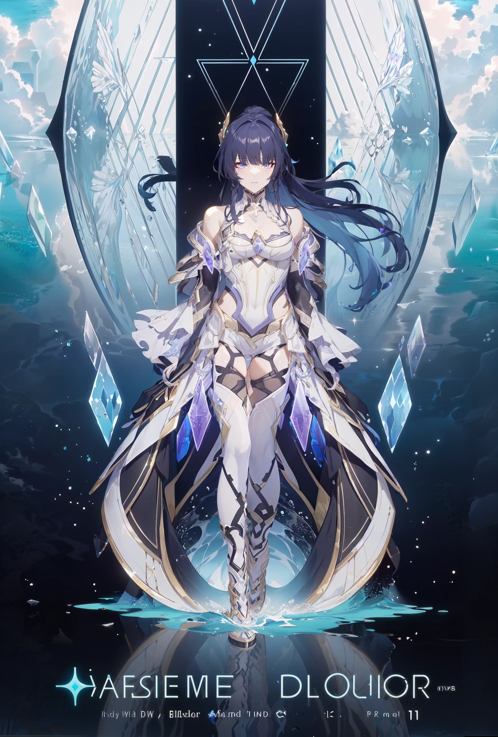 simple_blue_background, golden and white theme, Sense of coordination, sense of order, mathematics beauty, (((cover design))), (((((cover art))))), ((trim)), album_art, official art, (Master's work), full body, ( closeup, 1girl,solo:1.2),
<lora:shiyuan-v100:0.8:lbw=OUTALL>, shiyuan, 1girl, gloves, full body, looking at viewer, purple eyes, long hair, black gloves, bangs, bare shoulders, purple hair, gloves, hair ornament, ponytail,
cloud, sky, summer, water patterns, white geometry, colorful geometry, reflection, crystal_art, pattern_design, creative, Mystery pattern, colorful crystal decorate, blue crystal, (architectural art), ((geometric art)), pattern design, creative, shine, dream,
swimming in ocean, happy summer, beach, sandals, waves,
------,
Low saturation, grand masterpiece, Perfect composition, film light, light art