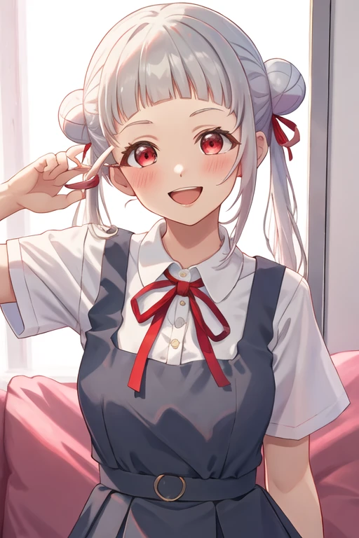 best quality, masterpiece, highres, solo, {arashi_chisato_lovelivesuperstar:1.15}, bangs, white_hair, hair_bun, double_bun, red_eyes, smile, blush, twintails, long_hair, blunt_bangs, open_mouth, 1girl, collared_shirt, looking_at_viewer, red_ribbon, ribbon, school_uniform, shirt, white_shirt, yuigaoka_school_uniform, dress, neck_ribbon, pinafore_dress, short_sleeves, upper_body, grey_dress, single_sidelock, birthday, summer_uniform