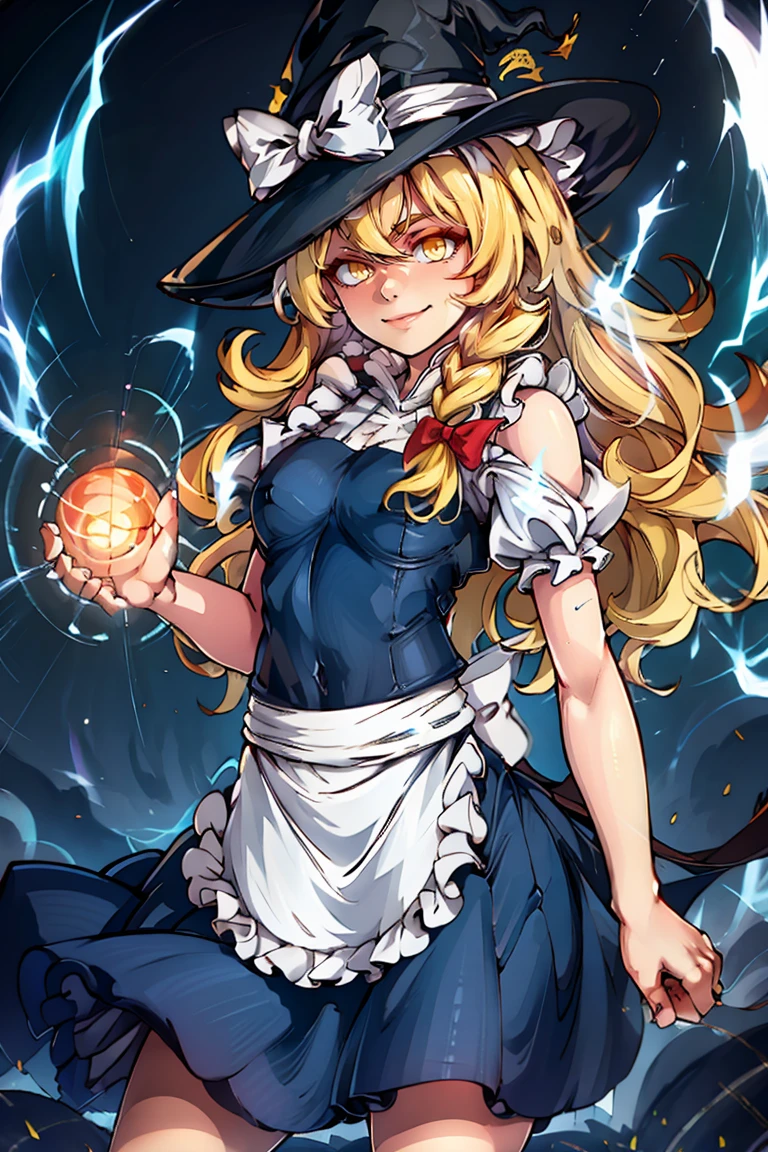 <lora:Aura_v1:0.6>, Aura, energy, glowing,swirling energy, dynamic pose, ((masterpiece,best quality)), absurdres, <lora:Kirisame_Marisa_Touhou:0.8>, Kirisame_Marisa_Touhou,   1girl, blonde hair, kirisame marisa, solo, long hair, braid, bow, black witch hat, yellow eyes, single braid, hair bow, black skirt, apron,  solo, smiling, looking at viewer, cowboy shot,