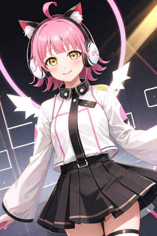 best quality, masterpiece, highres, solo, {tennouji_rina_loveliveschoolidolfestivalallstars:1.15}, pink_hair, bangs, ahoge, blunt_bangs, yellow_eyes, short_hair, blush, blunt_ends, 1girl, animal_ear_headphones, animal_ears, cat_ear_headphones, fake_animal_ears, headphones, screen, wings, head-mounted_display, long_sleeves, smile