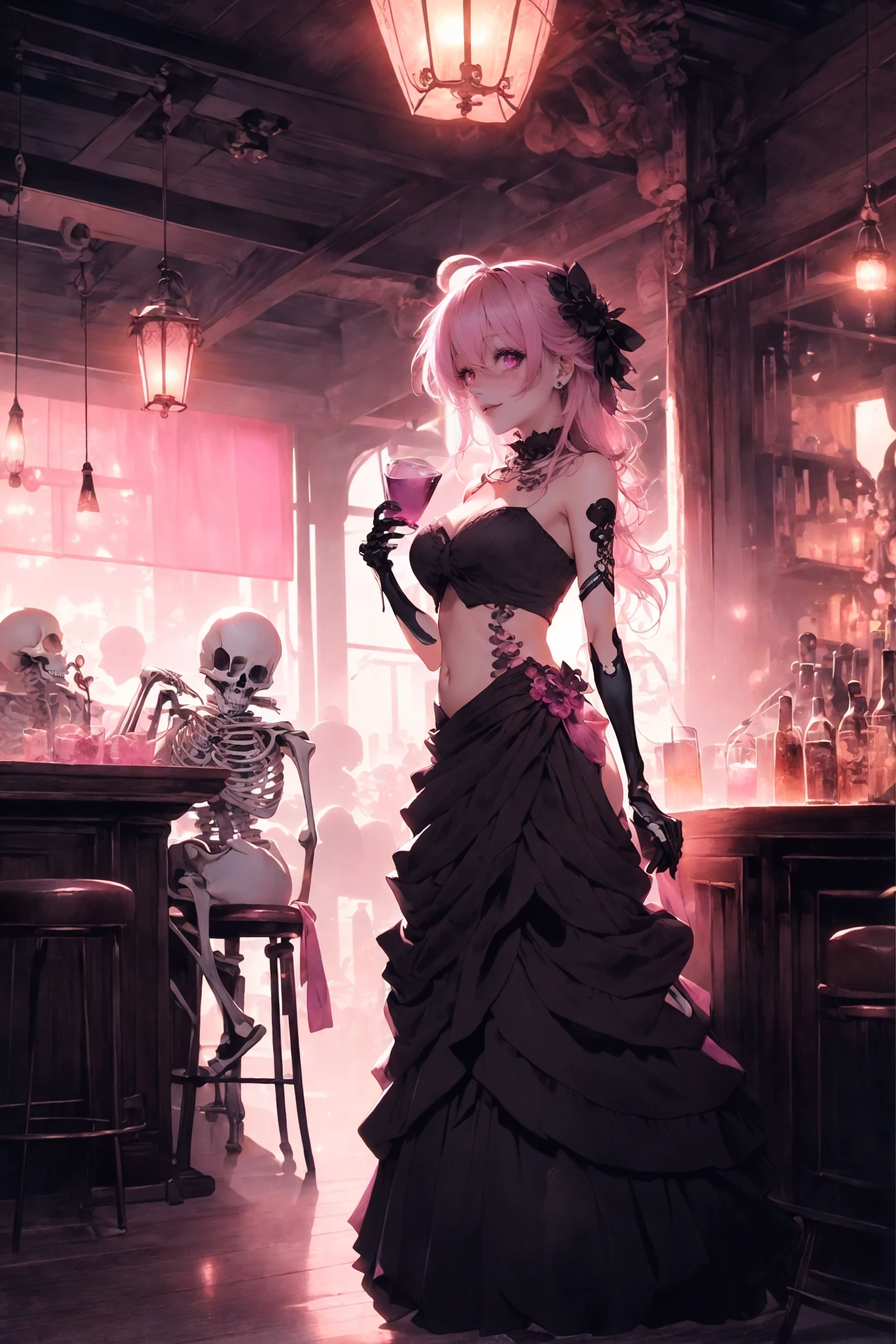 tavern scenes, charming personified skeleton, charming anime characters, i can't believe how beautiful this is, light magenta and dark gray, vanitas paintings, acidic and luminous colors, candid moments captured, luminous and dreamlike scenes, nightcore, i can't believe how beautiful this is, light magenta and dark gray, (light magenta:1.5),
(full body:1.5),
<lora:~Q?-_NuLR tavern scenes8:0.8>