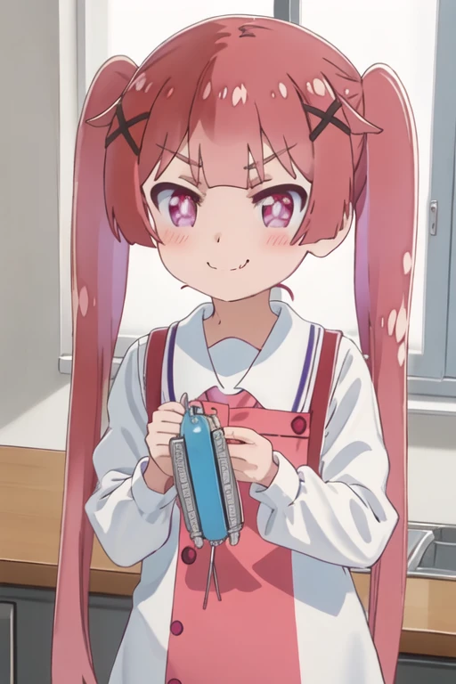 best quality, masterpiece, highres, solo, {koyori_tanemura_watashinitenshigamaiorita:1.15}, bangs, blush, long_hair, hair_ornament, x_hair_ornament, twintails, purple_eyes, red_hair, closed_mouth, smile, brown_hair, indoors, very_long_hair, 1girl, ^_^, closed_eyes, facing_viewer, fang, shirt, upper_body, long_sleeves, v-shaped_eyebrows, hand_up, holding_needle, needle, pajamas, sewing