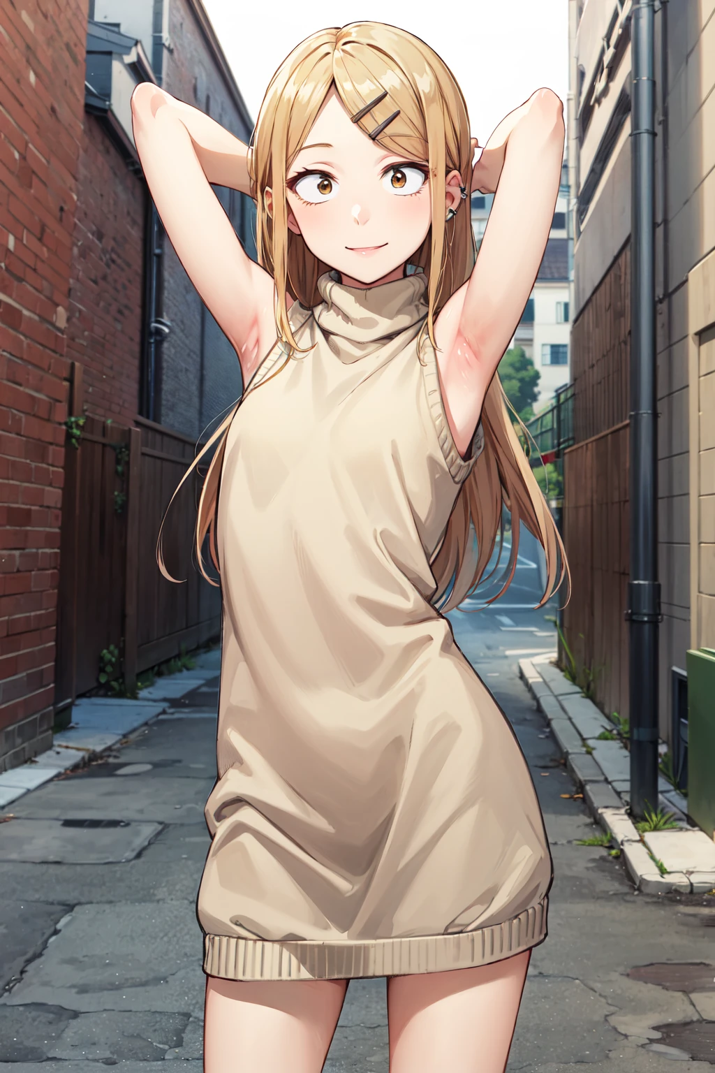 masterpiece,best quality,highres,ultra-detailed,aasaya,sanpaku,long hair,hairclip,parted bangs,ear piercing,small breasts,<lora:endou_saya:0.8>,(sweater:1.2),(turtleneck:1.2),street,smile,standing,(sleeveless:1.4),arm_behind_head,arms_up,cowboy shot,