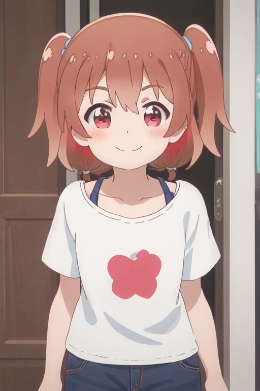 best quality, masterpiece, highres, solo, {hinata_hoshino_watashinitenshigamaiorita:1.15}, brown_hair, blush, bangs, red_eyes, short_hair, closed_mouth, smile, female_child, one_side_up, hair_between_eyes, indoors, 1girl, low_twintails, shirt, twintails, white_shirt, upper_body, collarbone, outdoors, short_twintails, looking_at_viewer, short_sleeves, day