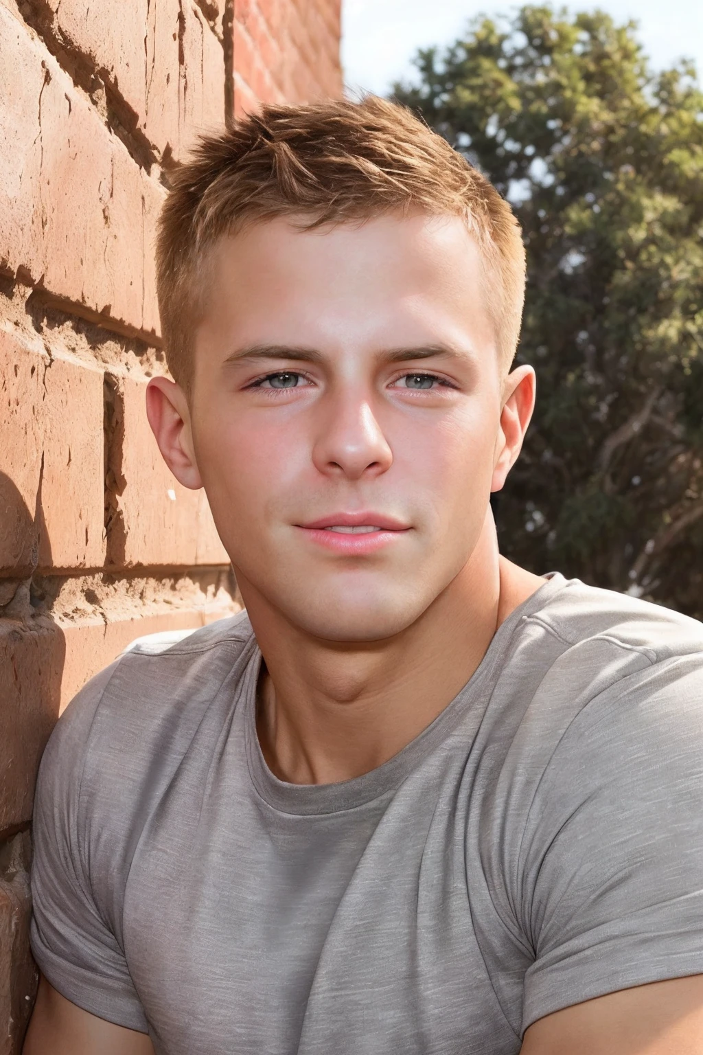 male focus, headshot photo of sc_nxn <lora:sc_nxn-07:0.85>, outdoors, simple brick wall background, wearing a fitted crew-neck t-shirt, natural lighting, golden hour, relaxed confident expression, (slight smile:0.5)