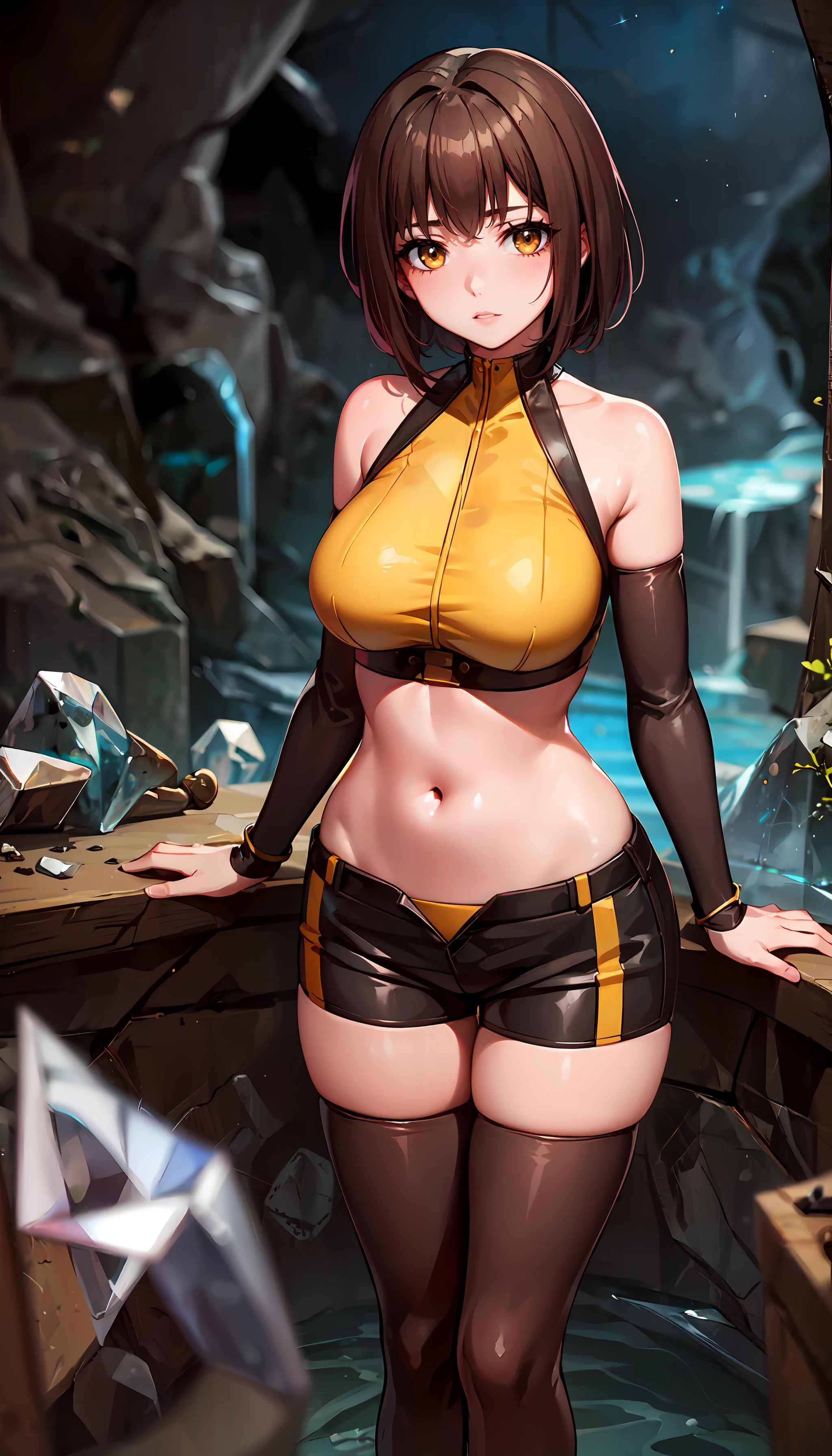 photorealistic, (4k), depth of field, (Masterpiece), (realistic skin texture), extremely detailed, intricate, hyper detailed, professional photography, bokeh, high resolution, sharp detail, best quality, girl, <lora:GoodHands-beta2:0.8> , <lora:detail_slider_v4:0.8> , yellow top, bare shoulders, detached sleeves, short hair, brown hair, yellow eyes, navel, black shorts shorts, tall leather boots, one arm behind her head, <lora:Nana Mizuoka-000003:0.8> , large breasts, dark recesses of cave, mysterious cave, dark cave, (stalactites), (stalagmites), (crystal walls:1.5), (geode:1.3),