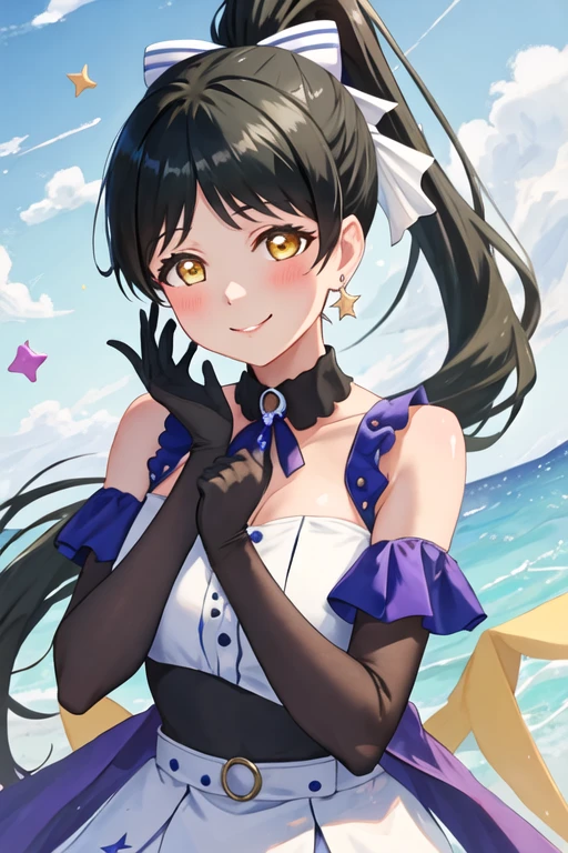 best quality, masterpiece, highres, solo, {hazuki_ren_lovelivesuperstar:1.15}, long_hair, bangs, yellow_eyes, black_hair, ponytail, high_ponytail, smile, blush, shiny_hair, birthday, ribbon, bow, breasts, hair_bow, 1girl, earrings, jewelry, looking_at_viewer, star_\(symbol\), upper_body