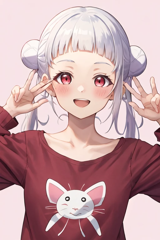 best quality, masterpiece, highres, solo, {arashi_chisato_lovelivesuperstar:1.15}, bangs, white_hair, hair_bun, double_bun, red_eyes, smile, blush, twintails, long_hair, blunt_bangs, open_mouth, 1girl, looking_at_viewer, shirt, upper_body, closed_mouth, collarbone, portrait, single_sidelock, pink_background, red_shirt