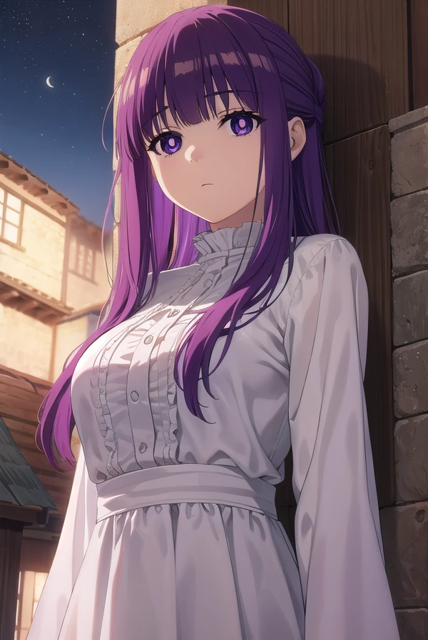 fern, <lora:fern s1-lora-nochekaiser:1>,
fern, long hair, bangs, (purple eyes:1.1), purple hair, sidelocks, blunt bangs, (bright pupils:1.5),
BREAK long sleeves, dress, white dress, long dress,
BREAK outdoor, night, sky, castle, moon, clouds,
BREAK looking at viewer, (cowboy shot:1.5),
BREAK <lyco:GoodHands-beta2:1>, (masterpiece:1.2), best quality, high resolution, unity 8k wallpaper, (illustration:0.8), (beautiful detailed eyes:1.6), extremely detailed face, perfect lighting, extremely detailed CG, (perfect hands, perfect anatomy),