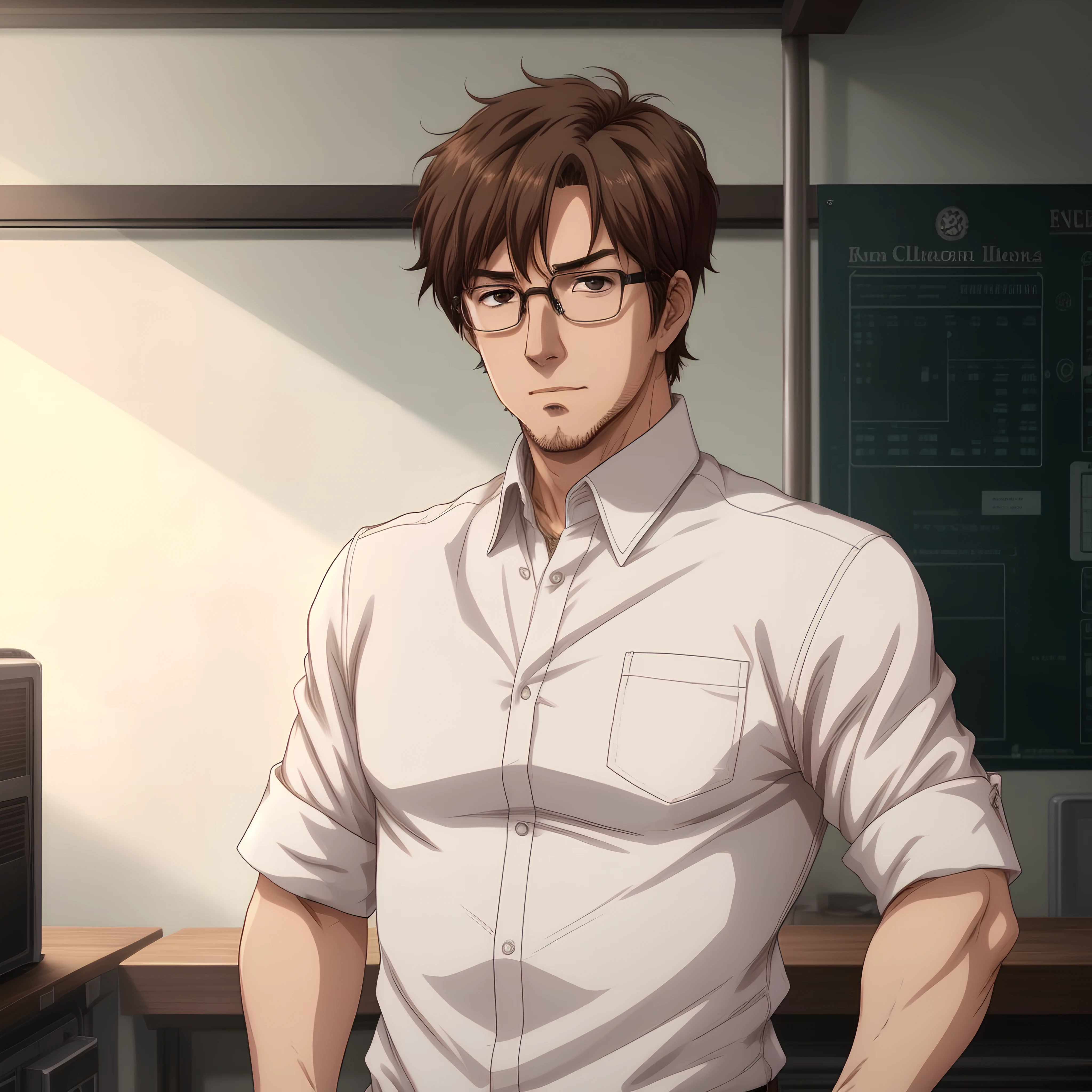 anime, cinematic, <lora:more_details:0.5>, <lora:gundam personnel:0.4>, middle aged man, short brown hair, glasses, stubble, engineer, white shirt, rolled up sleeves