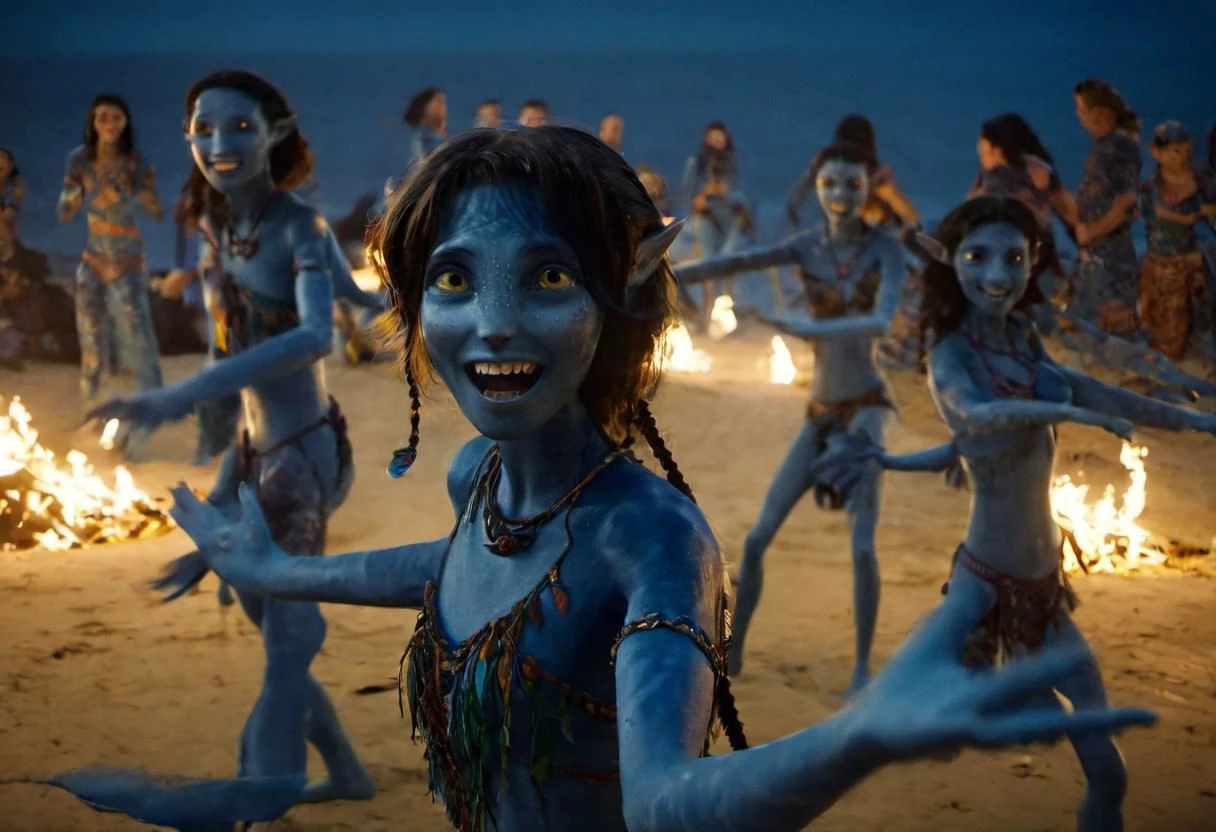 Kiri is dancing in circle of her blue-skin sisters on beach sand, closeup, hands above the head, smiling, laughing, big eyes wide open, night, darkness, torches and campfires on sand, sea with ((high surf)) on background, SK_CINEMATIC