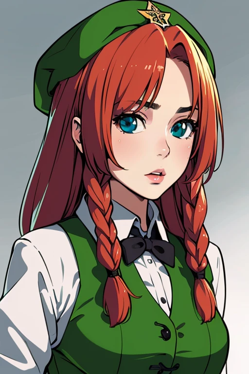 ((extremely realistic shading, masterpiece, extremely detailed, photorealistic)),<lora:hong_meiling-08:0.8>,Red hair,twin braids,green hat,green top,green long skirt,blue eyes,
