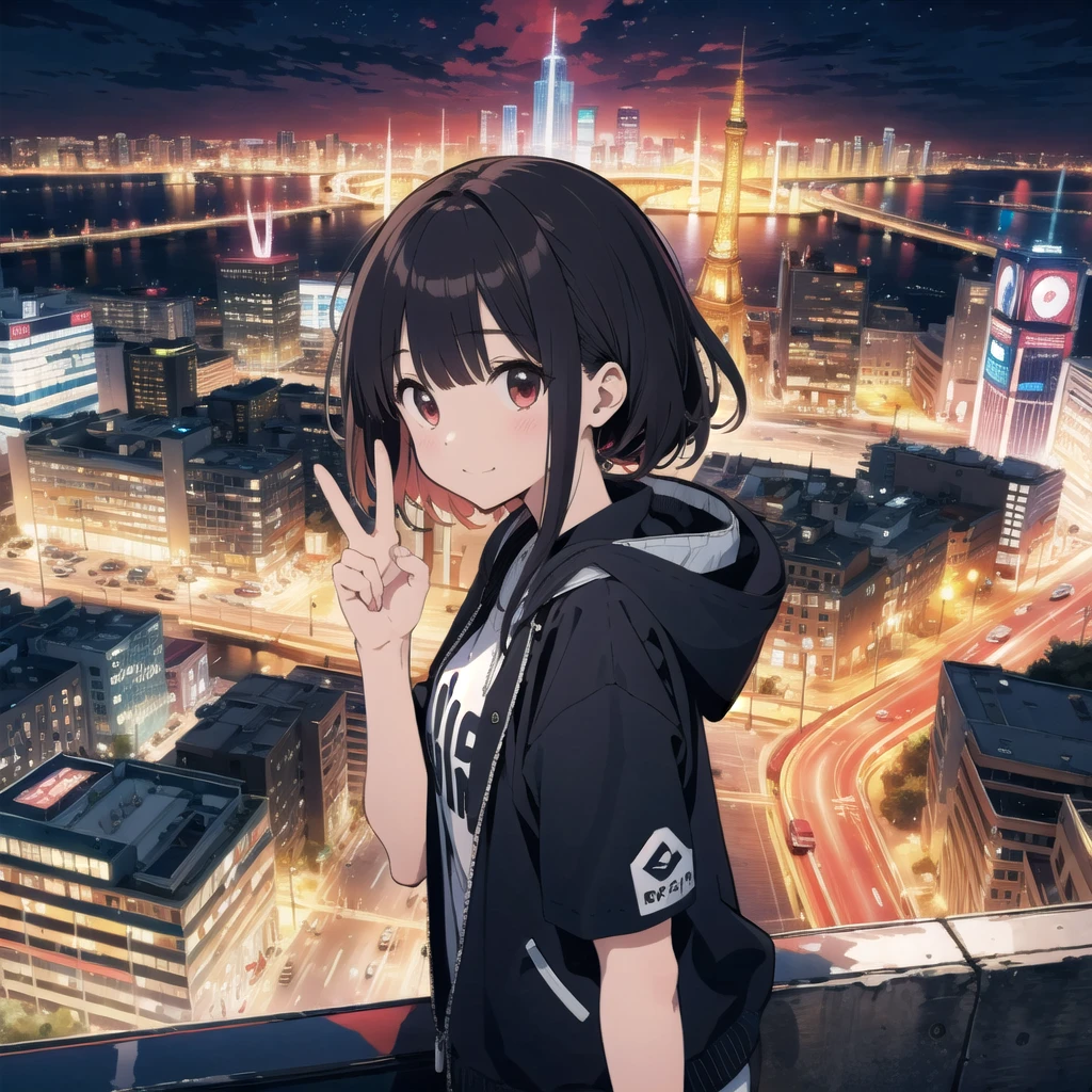 extremely detailed, detailed background, 1girl, solo, city, peace Sign,