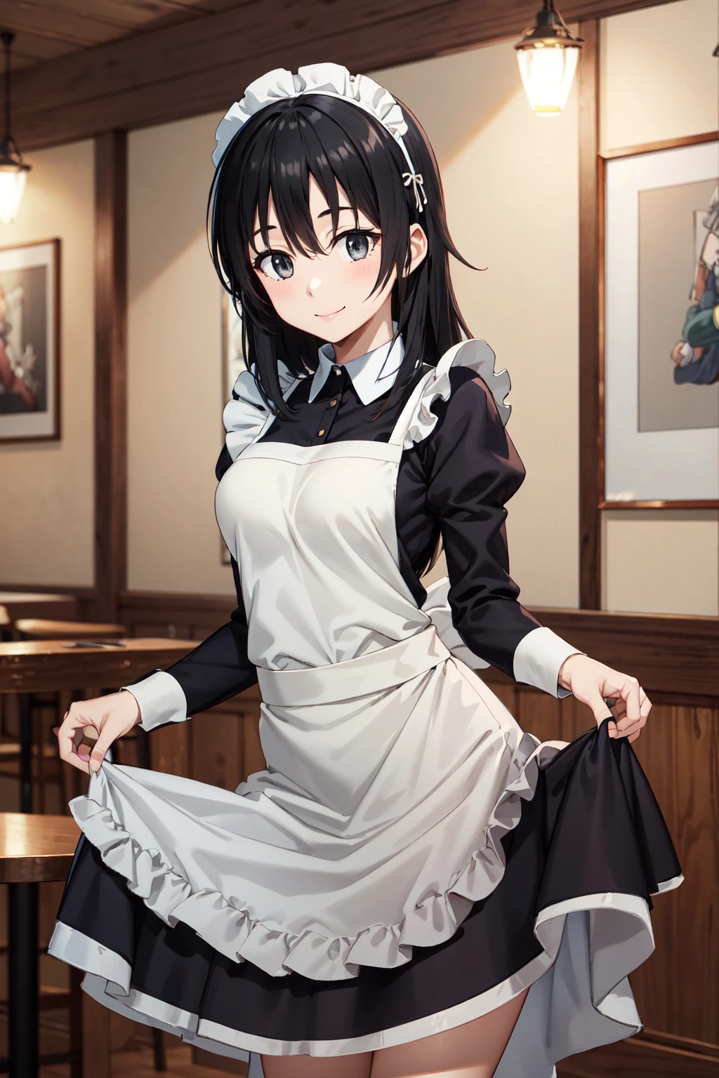 masterpiece,best quality,highres,ultra-detailed,aashizue,grey eyes,long hair,<lora:izawa_shizue:0.8>,indoors,cafe,maid,maid headdress,apron,(skirt hold:1.2),standing,cowboy shot,smile,