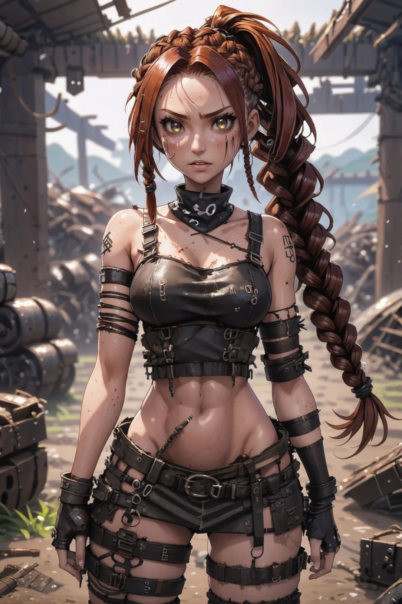 anime style, post apocalyptic, scrap metal, tattered clothes, woman, solo, fishnets, auburn hair, low-braided long hair, Corvense, well-lit interior, in a Smooth Terraced rice paddies<lora:EnvyWastelandWarriorXL01:0.85>