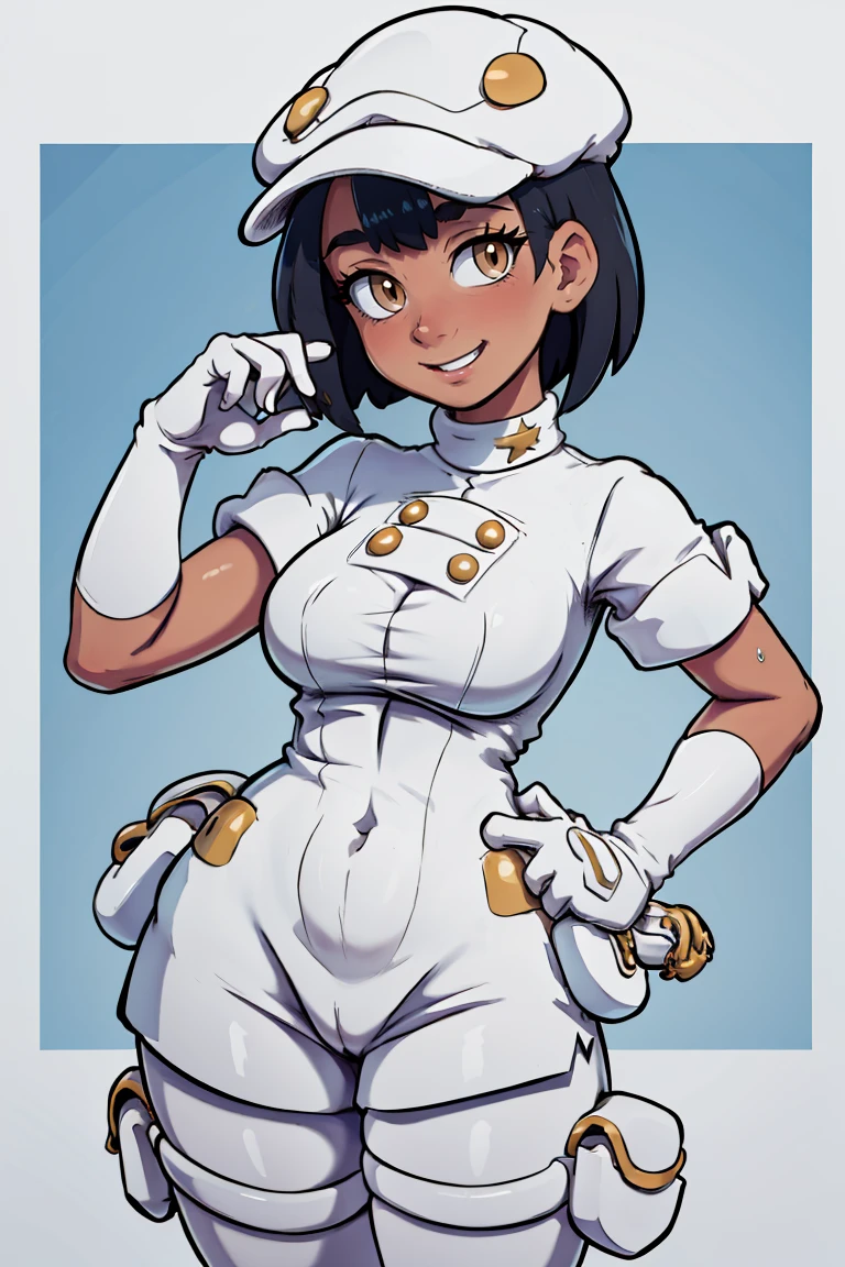 <lora:the_other_half_style:0.7>,((masterpiece,best quality)), absurdres, <lora:Aether_Foundation_Employee_Pokemon:0.8>, Aether_Foundation_Employee_Pokemon, solo, 1girl, dark skin, white cabbie hat, black hair, white uniform, white pantyhose, white gloves, solo, smiling, looking at viewer, cowboy shot