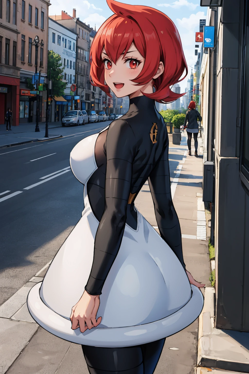 masterpiece, best quality, <lora:pkmnmars-nvwls-v1:0.9> pkmnmars, black and white dress, long sleeves, large breasts, black pantyhose, furrowed brow, :D, standing, from behind, cityscape, city street, standing, grey sky
