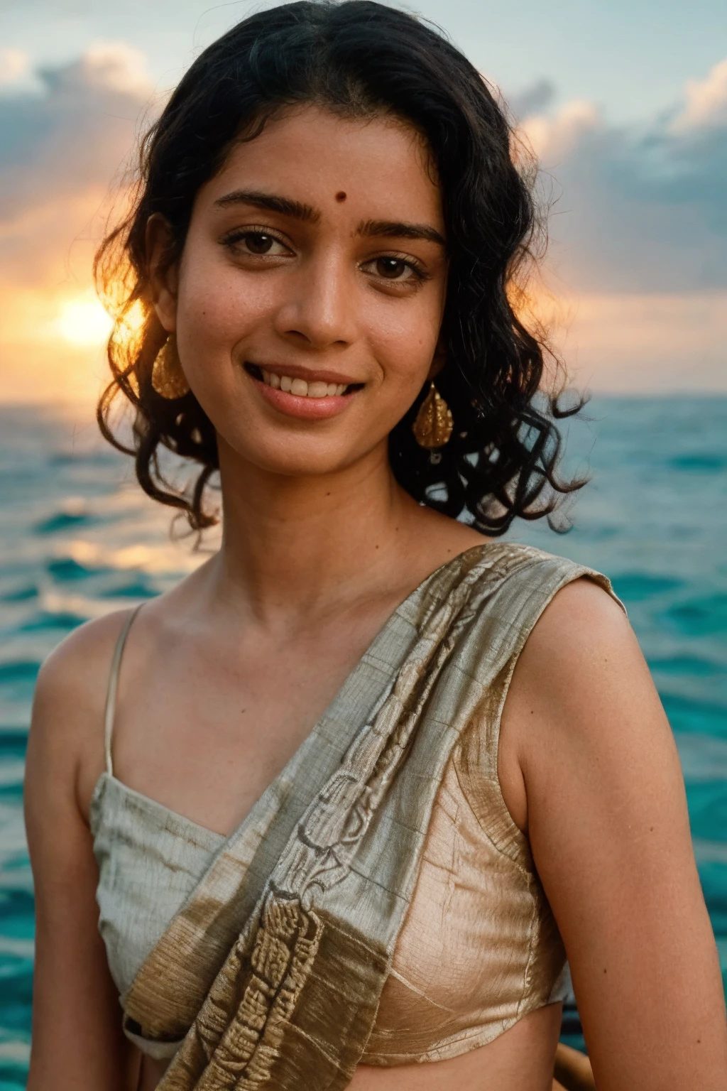 analog film photo solo, realistic, ((indian woman)), (((curly black hair))), (((smile512))), big smile, silver drop earrings, (((beautiful indian saree, intricate))), ((Photograph the natural beauty of a Maldivian coral garden at sunrise, with the soft golden light illuminating the vibrant underwater world.)), ((orange pastel theme colorgrading)), <lora:PAseer-SD15-LCM Quick:1> <lora:ReaLora:.2> skin, <lora:ZStyle_-_Photography_Style:.5> zstyle, <lora:IN_-_Tina_Desai:1> tinadesai . faded film, desaturated, 35mm photo, grainy, vignette, vintage, Kodachrome, Lomography, stained, highly detailed, found footage