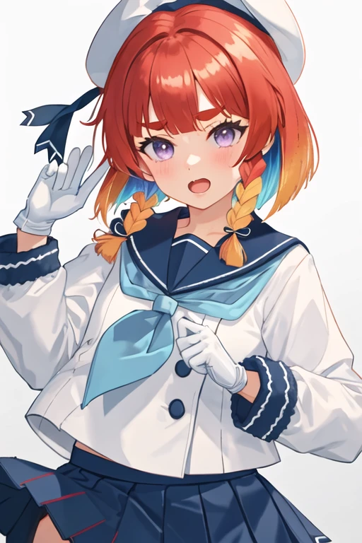 best quality, masterpiece, highres, solo, {etorofu_kantaicollection:1.15}, red_hair, braid, twin_braids, bob_cut, purple_eyes, thick_eyebrows, hat, short_hair, gradient_hair, white_headwear, multicolored_hair, sailor_hat, side_braid, serafuku, blonde_hair, ribbon, open_mouth, 1girl, blue_neckerchief, blue_ribbon, blue_sailor_collar, gloves, neckerchief, sailor_collar, school_uniform, white_gloves, blue_skirt, looking_at_viewer, skirt, cowboy_shot, pleated_skirt, long_sleeves, simple_background, white_background