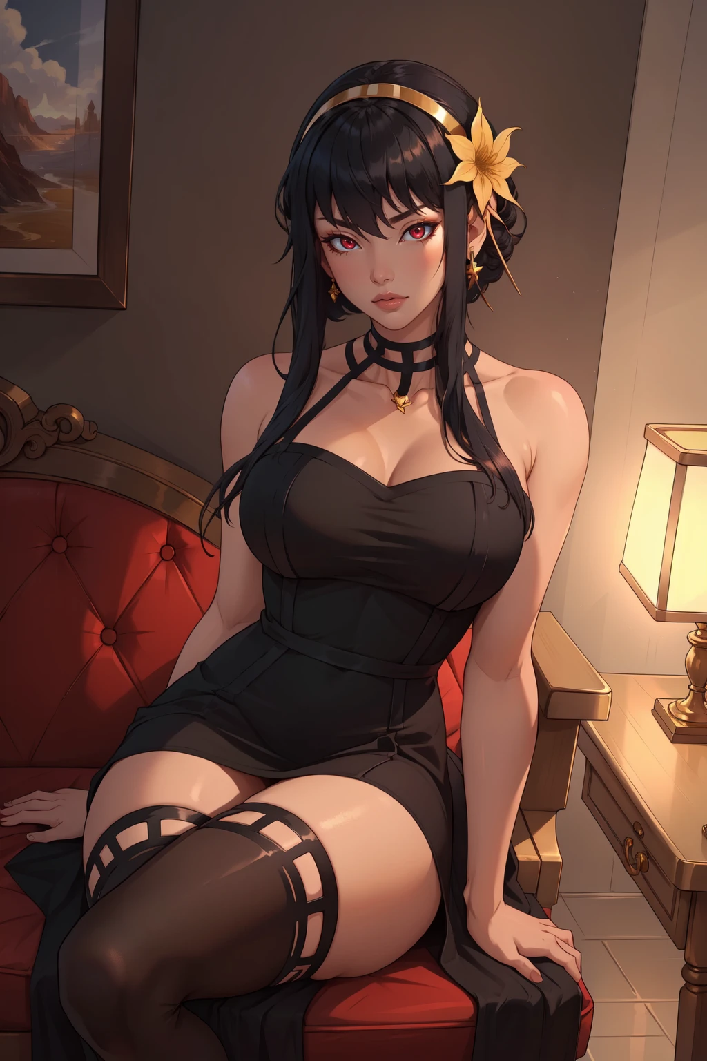 (masterpiece, best quality, absurdres, 4k, aesthetic, detailed, intricate, perfect lighting),cinematic angle,1girl,sitting,crossed legs,ybv1,black thighhighs, thighhighs, two-sided fabric, dress, two-sided dress, black dress,hair flower, gold earrings, gold hairband, long hair, red eyes, short hair with long locks, sidelocks  <lora:YorBriar:0.9>