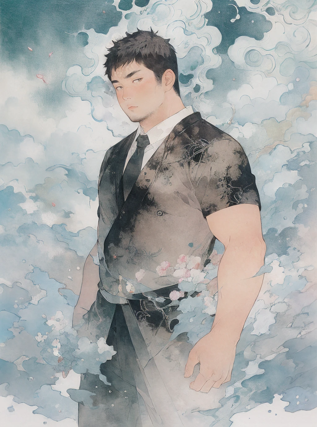 best quality,masterpiece,ultra high res, umino,Takato Yamamoto style,1boy,looking at viewer,yosshi film,stubble,gradient_background,bearstyle,(minimalism),zen,chinese painting,cloud,<lora:fatbear_v05:1:lbw=Gobuhime>,style,bearstyle,<lora:æµ·éæµ©æ¼ Umino_Hiromaku:0.7>,suit and tie,