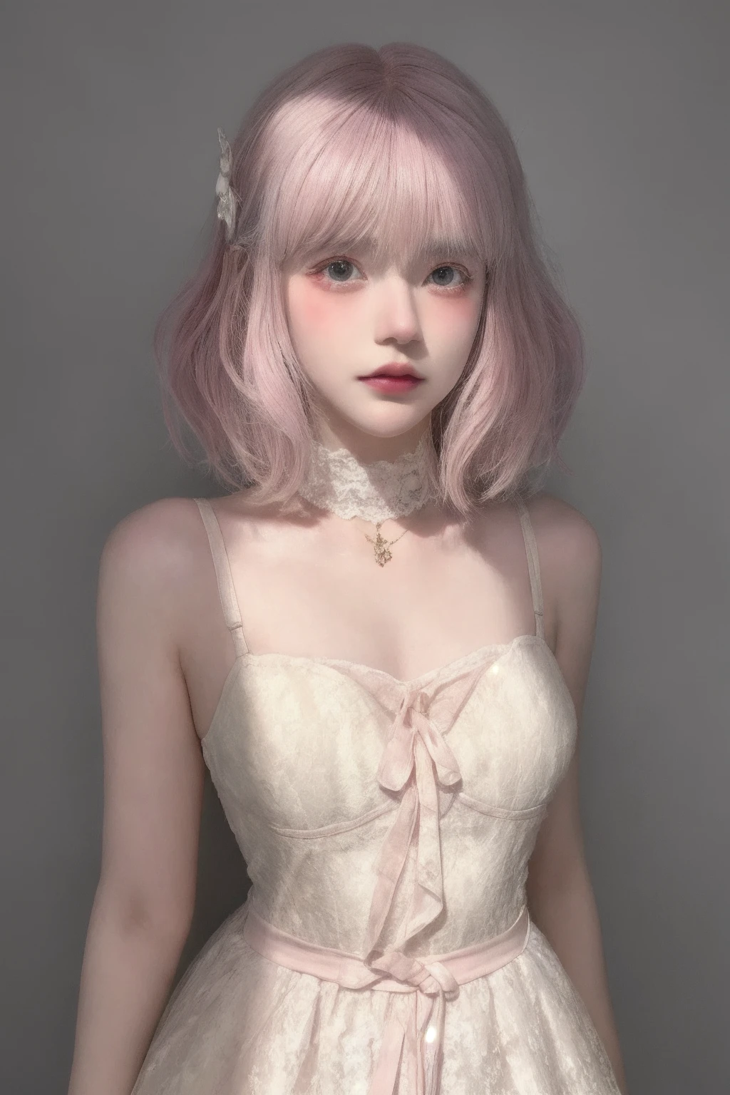 1girl, high quality, looking at viewer, grey background, blush, upper body, waist, lace, lace trim, pink hair,
<lora:bttina_v1-000008:0.68>