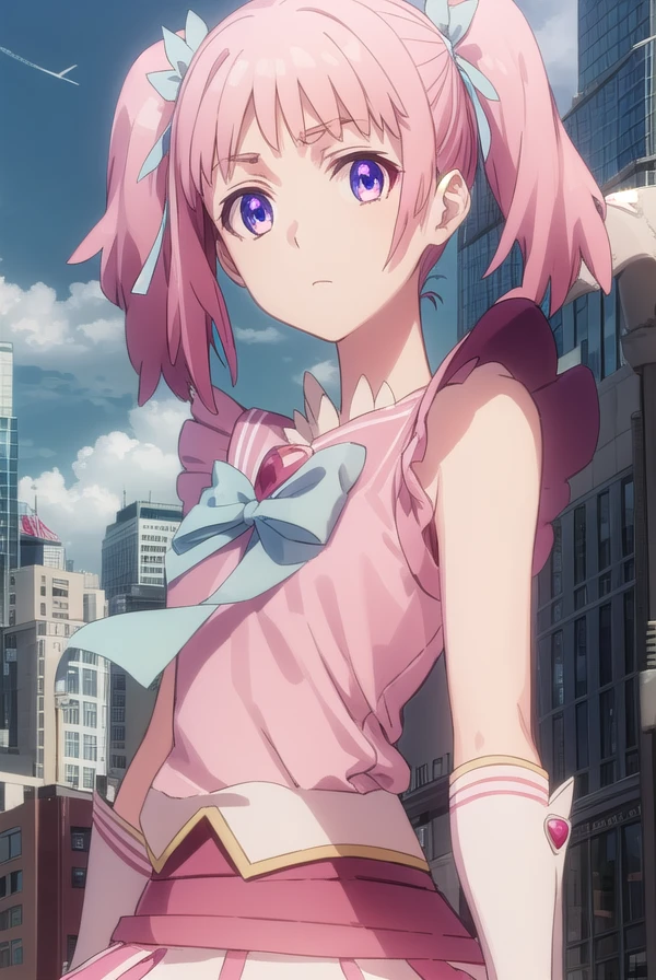 mamikakirameki, <lora:mamika kirameki s1-lora-nochekaiser:1>,
mamika kirameki, twintails, (purple eyes:1.1), pink hair,
BREAK skirt, gloves, magical girl, bike shorts, heart, bow, blue bowtie, puffy sleeves, frills,
BREAK outdoor, city, sky, buildings, sun, clouds,
BREAK looking at viewer, (cowboy shot:1.5),
BREAK <lyco:GoodHands-beta2:1>, (masterpiece:1.2), best quality, high resolution, unity 8k wallpaper, (illustration:0.8), (beautiful detailed eyes:1.6), extremely detailed face, perfect lighting, extremely detailed CG, (perfect hands, perfect anatomy),