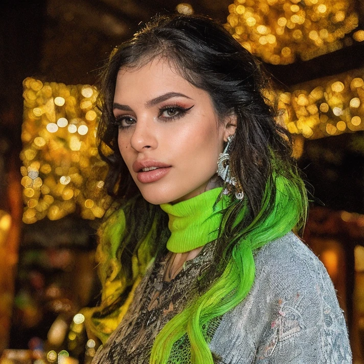 (masterpiece:1.2), (best quality,:1.2), 8k, HDR, ultra detailed, ((photorealistic)), professional light, cinematic lighting, fashion photography, ambient lighting, face lighting, XWife, <lora:XWife-10:1>, earrings, choker, dark makeup, wild and messy green hair, ((portrait shot)), dynamic pose, OverallDetail, fhanddetail:1.4, ffacedetail:1.4, skindetail, hairdetail, turtleneck pullover, <lora:detail_slider_v4:3>, epiCPhoto,