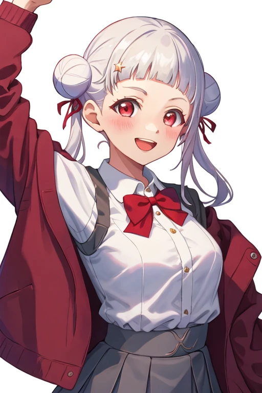 best quality, masterpiece, highres, solo, {arashi_chisato_lovelivesuperstar:1.15}, bangs, white_hair, hair_bun, double_bun, red_eyes, smile, blush, twintails, long_hair, blunt_bangs, open_mouth, 1girl, bow, looking_at_viewer, red_bow, red_bowtie, school_uniform, bowtie, long_sleeves, jacket, skirt, upper_body, white_background, collared_shirt, shirt, simple_background, single_sidelock, star_\(symbol\)