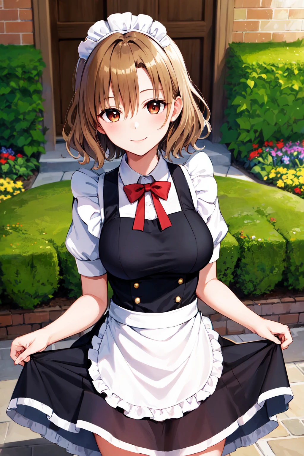 masterpiece, best quality, highres, 1girl, solo, short hair, brown hair, brown eyes, breasts, <lora:momioka_risa_v1:0.7>, maid, maid headdress, apron, garden, smile, skirt hold,