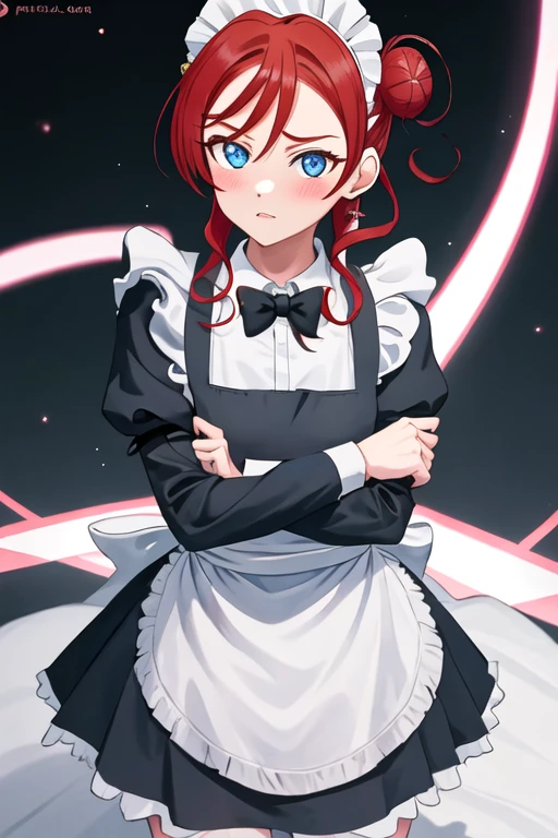 best quality, masterpiece, highres, solo, {maid:1.40}, {long maid dress:1.15}, {yoneme_mei_lovelivesuperstar:1.15}, blue_eyes, red_hair, bangs, hair_bun, blush, single_hair_bun