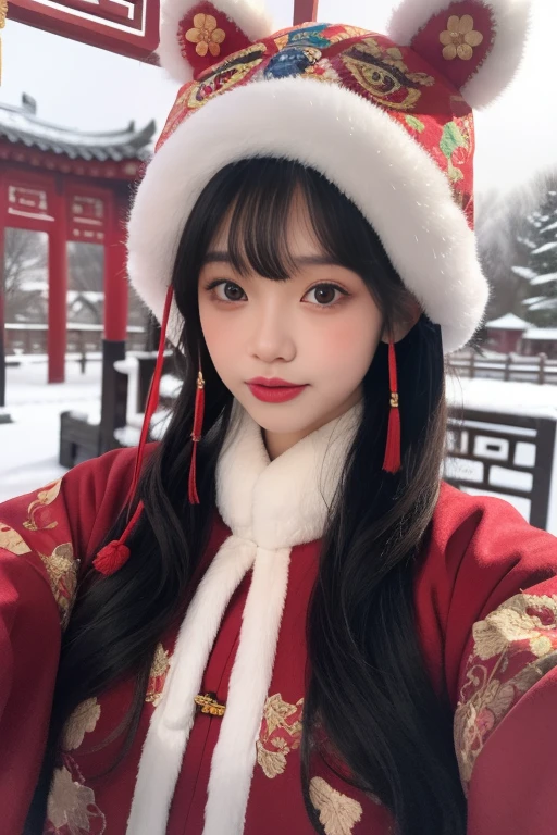 ltra-detailed,highly detailed,best quality,masterpiece,illustration,realistic,photorealistic,
hutoumao, 1girl, solo, 
animal hat,pom pom \(clothes\),red clothes, hanfu,china dress,chinese clothes, winter clothes, 
very long hair, parted bangs,
looking at viewer, 
outdoors, winter,snow, 
 <lora:hutoumao_v1_02:0.8>