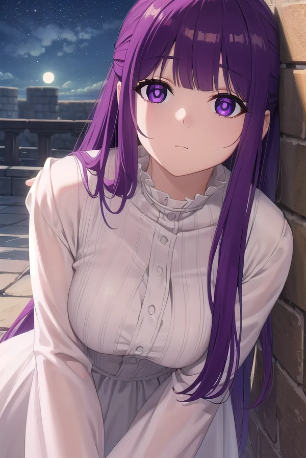 fern, <lora:fern s1-lora-nochekaiser:1>,
fern, long hair, bangs, (purple eyes:1.1), purple hair, sidelocks, blunt bangs, (bright pupils:1.5),
BREAK long sleeves, dress, white dress, long dress,
BREAK outdoor, night, sky, castle, moon, clouds,
BREAK looking at viewer, (cowboy shot:1.5),
BREAK <lyco:GoodHands-beta2:1>, (masterpiece:1.2), best quality, high resolution, unity 8k wallpaper, (illustration:0.8), (beautiful detailed eyes:1.6), extremely detailed face, perfect lighting, extremely detailed CG, (perfect hands, perfect anatomy),