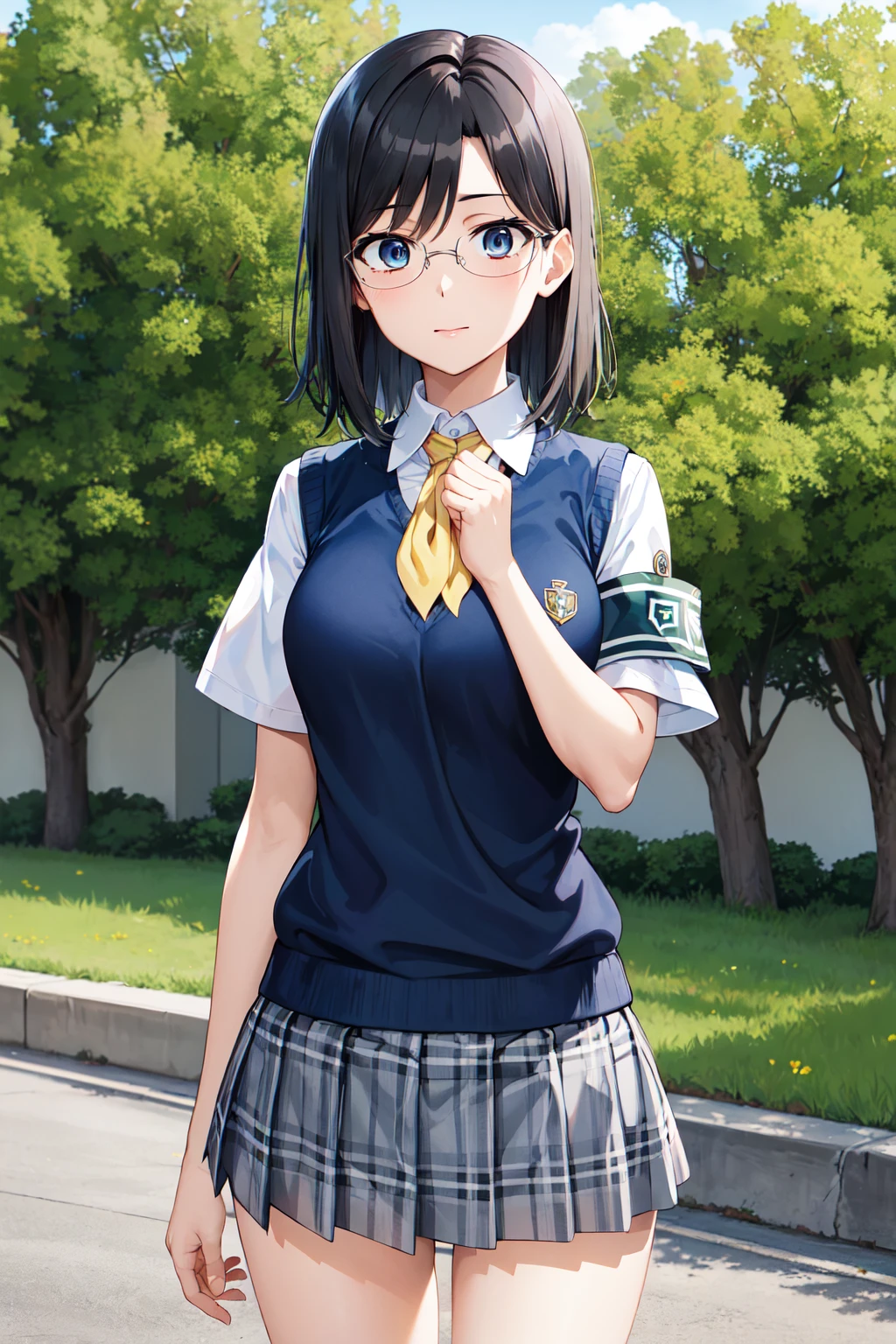  perfect hands, perfect anatomy,masterpiece, best quality,realistic, hyperrealistic, 16k hdr, aamii, short hair, black hair, blue eyes, glasses, school uniform, yellow neckerchief, collared shirt, sweater vest, (blue vest:1.2), short sleeves, (armband), plaid skirt, grey skirt, standing, red blush,smile, outdoors,micro panties,cameltoe,(skirt lift herself:1.3), thong,(sweat:1.2)