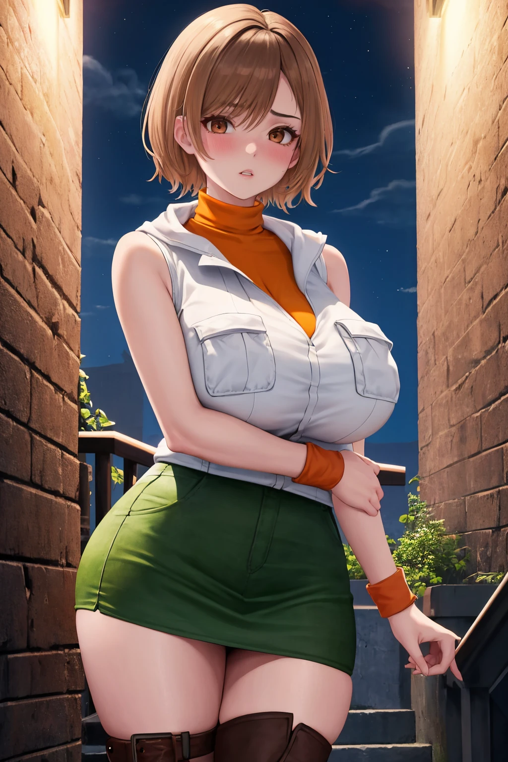 masterpiece, best quality, 1girl, solo, <lora:heathermason-sh-richy-v1_1:1> heatherdef, brown eyes, white vest, turtleneck, sleeveless, wristband, miniskirt, green skirt, brown knee boots, standing, blush, parted lips, (dark, darkness, night:1.3), outdoors, huge breasts, breast squeeze,