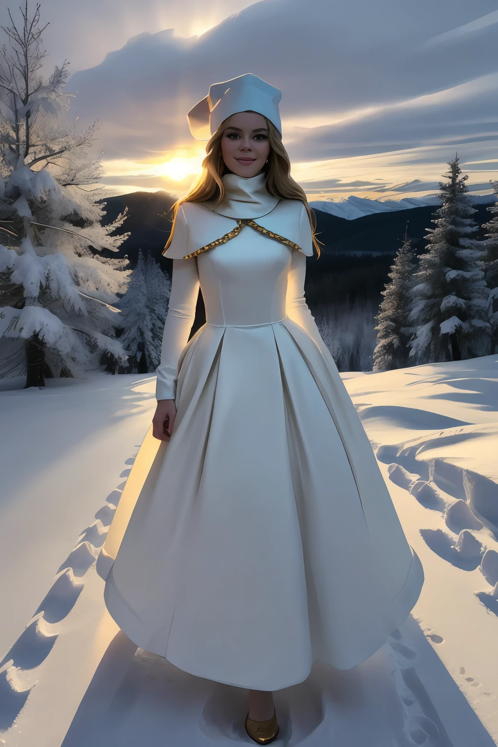 70s, close-up super_Blonde_V1, in a scene from winter with a hint of spring, sunset, dramatic clouds, final snow, the movie, turtle neck, hat, alluring dramatic lighting, wearing golden chains, lighting, backlit, rim lights all powerful portrait in dress, perfect teen celebrity smiling modeling shoot, movie promo still, rated PG, conservative attire, classy, 70s dress, cold weather, outdoors, snow, fur, pretty images, with scary things in the shadow, hit of bad creeping in. pretty photo with a hint of scary colored speedlite, <lora:super_Blonde_V1:0.5>