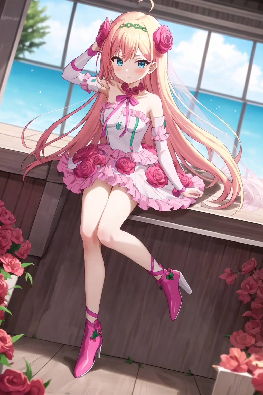 best quality, masterpiece, highres, solo, 1girl, full body,  
<lora:rionesu:0.67> rionesu, high heels, pink footwear, hair ornament, hairband, hair flower,  thorns,