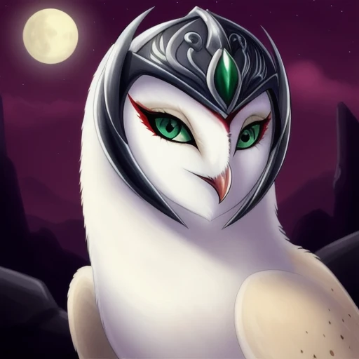 <lora:gahoole:0.5> owl, female, best quality, masterpiece, nyra, barn owl, green eyes, red markings, evil, pure one, helmet
