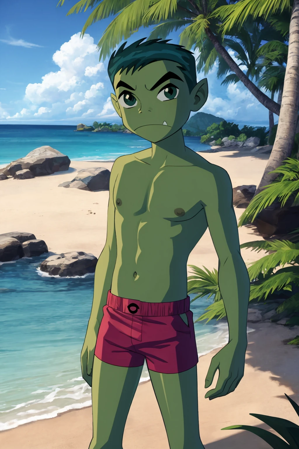masterpiece, best quality, 1boy, beastboy, green hair, short hair, green eyes, green skin, topless, fang, swim trunks, looking at viewer, solo, sea, sand, blue sky, tropical island background <lora:BeastBoyTT:1>
