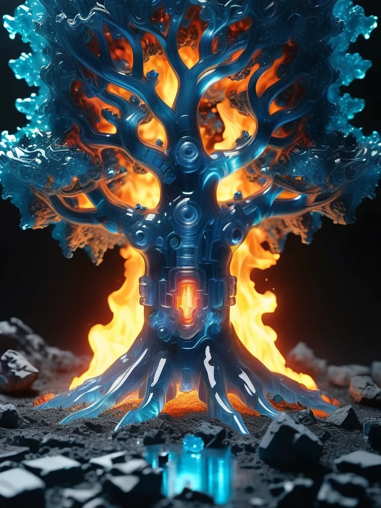 (corrupted tree fae asymmetrical robotic, vibrant upside down forest, (inside burning combat destruction bomb explosion fire cinder warfare war)) <lora:ral-blueresin-sdxl:1> made of ral-blueresin