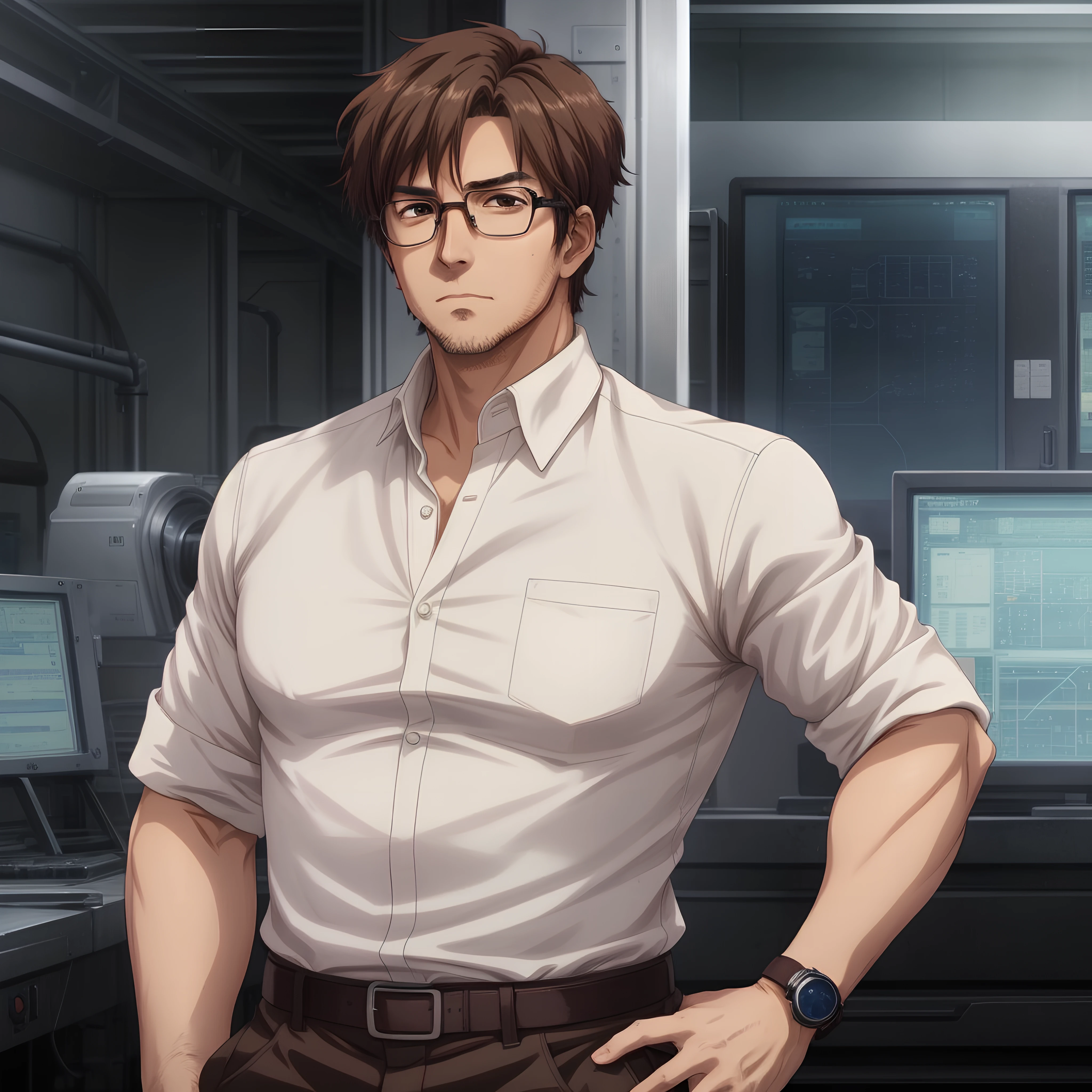 anime, cinematic, <lora:more_details:0.5>, <lora:gundam personnel:0.4>, middle aged man, short brown hair, glasses, stubble, engineer, white shirt, rolled up sleeves